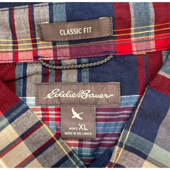 Eddie Bauer Classic Fit Men's Short Sleeve Shirt Button Up Red Blue Plaid XL - Picture 2 of 3